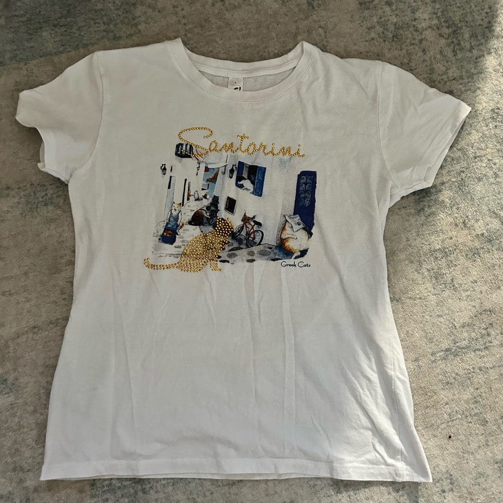 Urban Outfitters White Santorini Graphic Tee with Cats
